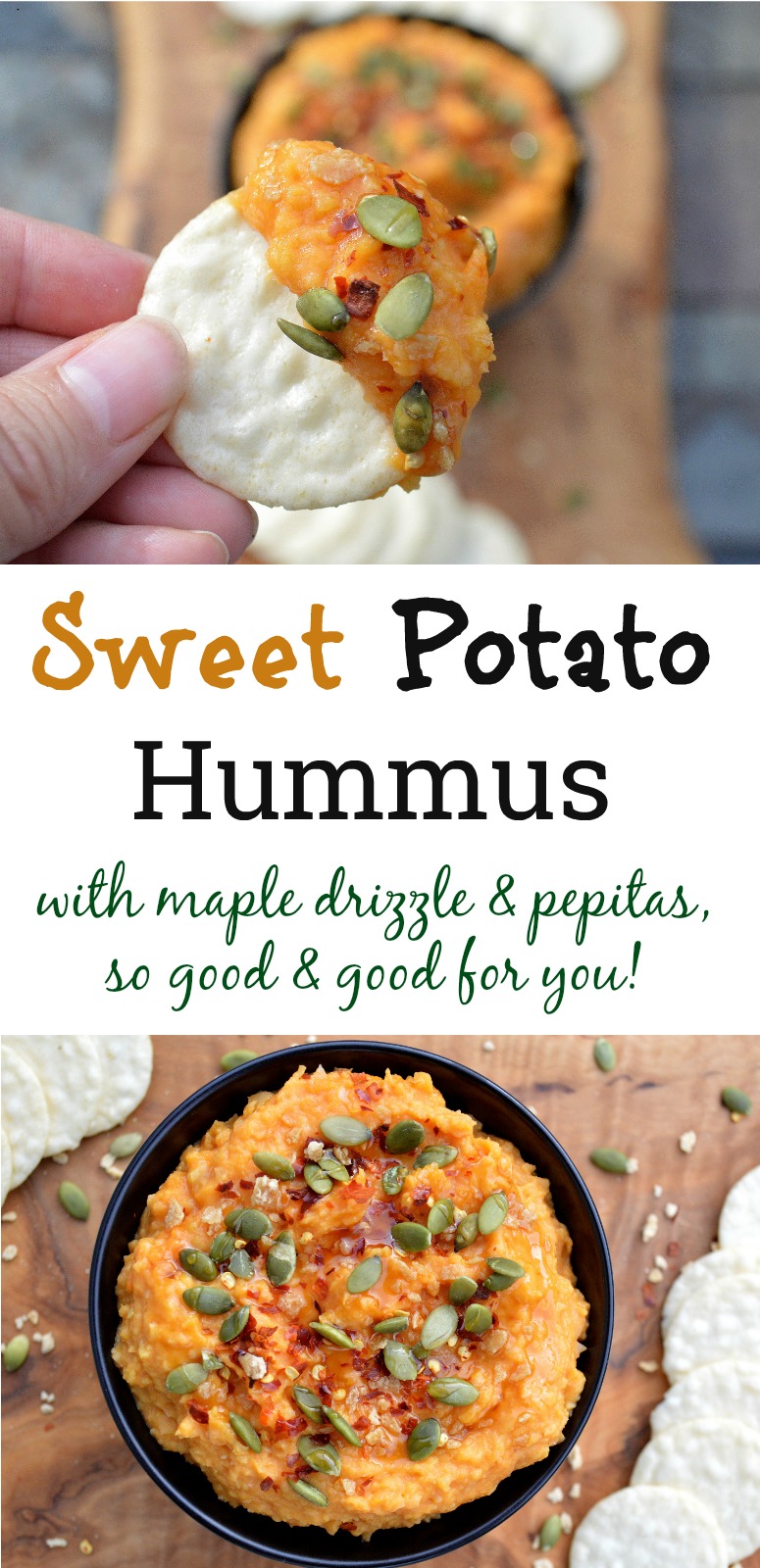 Easy & delicious Sweet Potato Hummus with pepitas and a maple drizzle. So good & good for you!