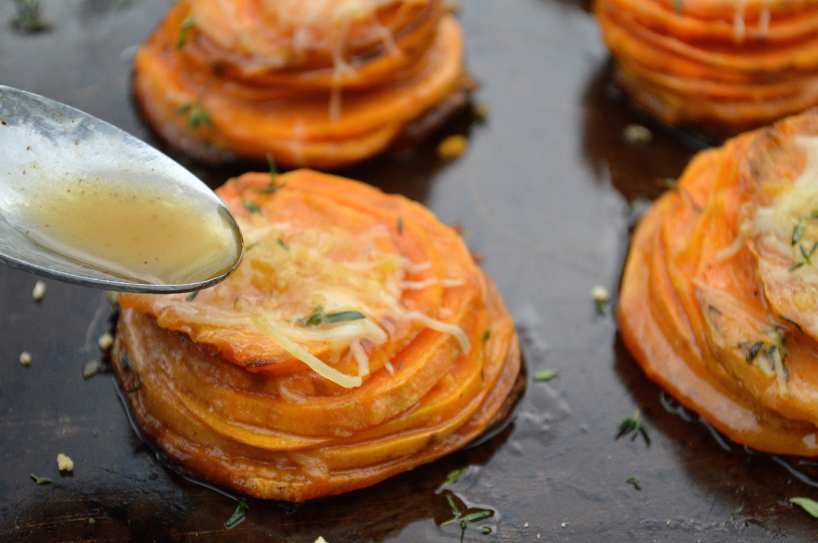 Sweet Potato Stack recipe.
Sweet potatoes with maple butter.