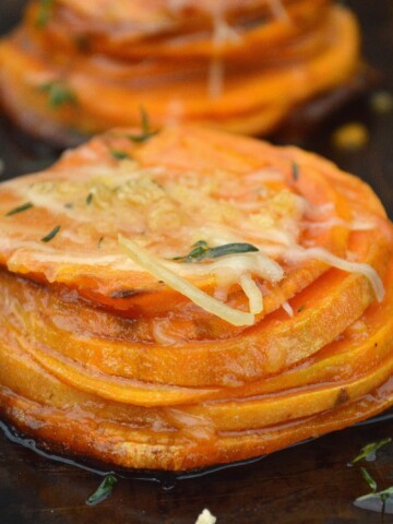 Maple Sweet Potato Stacks - Pretty, delicious and easier to make than you think! Plus they are lighter than a casserole, yet full of flavor