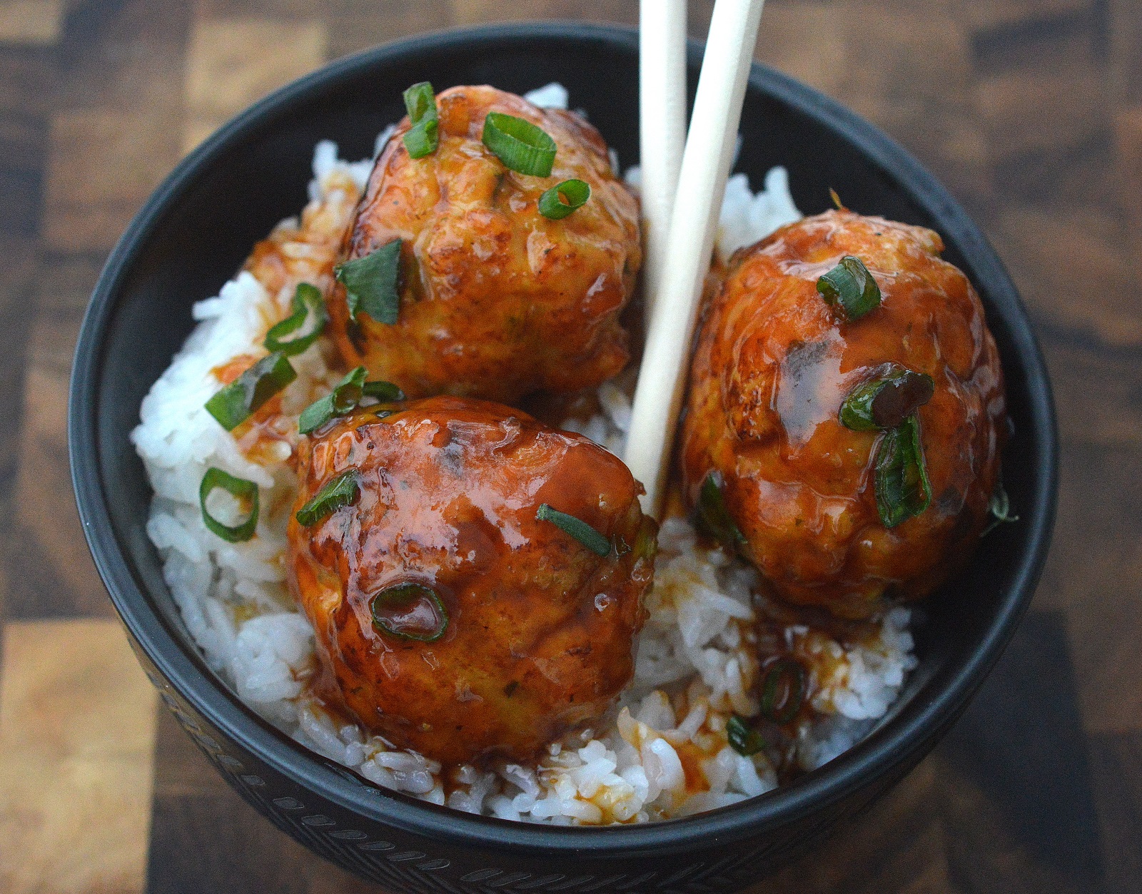 Sticky Chicken Meatball recipe on white rice