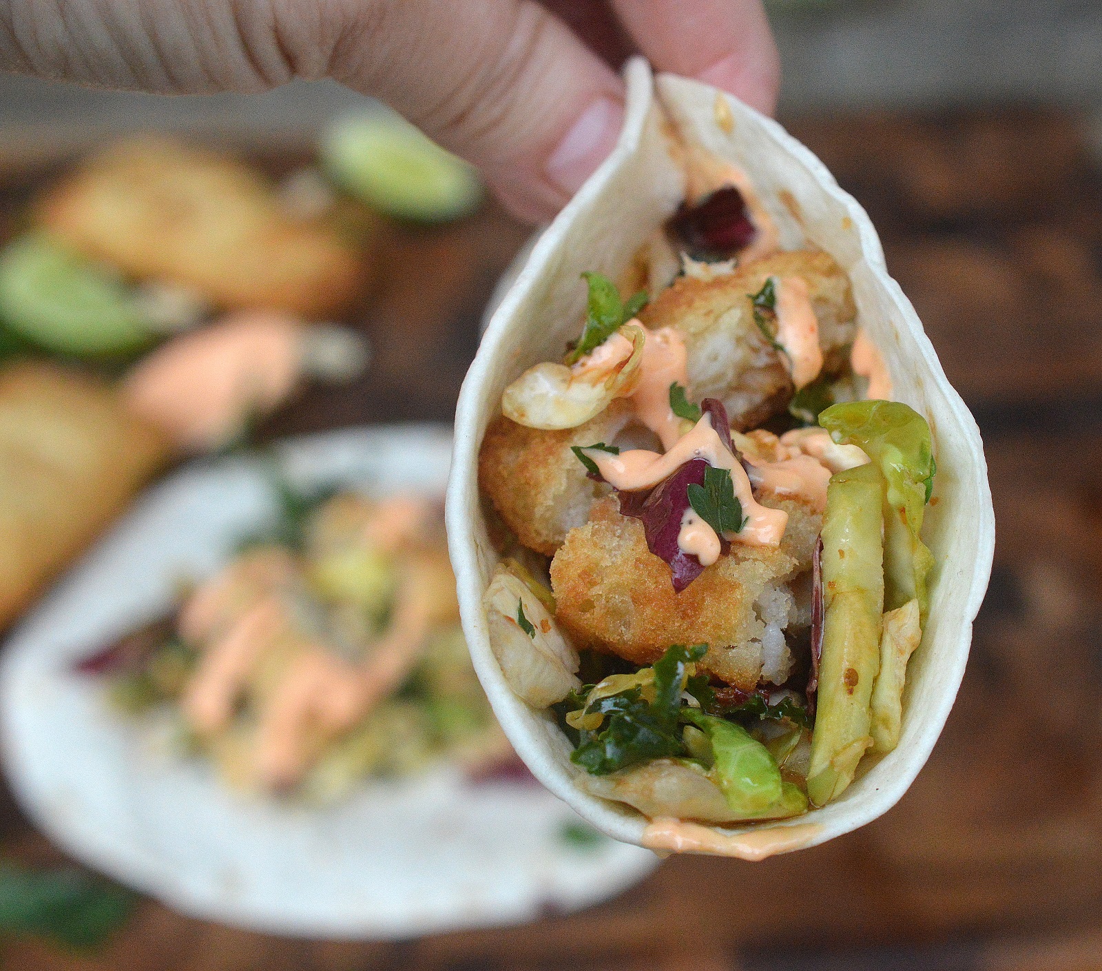 Crispy Fish Tacos with Asian Slaw and Sriracha Mayo