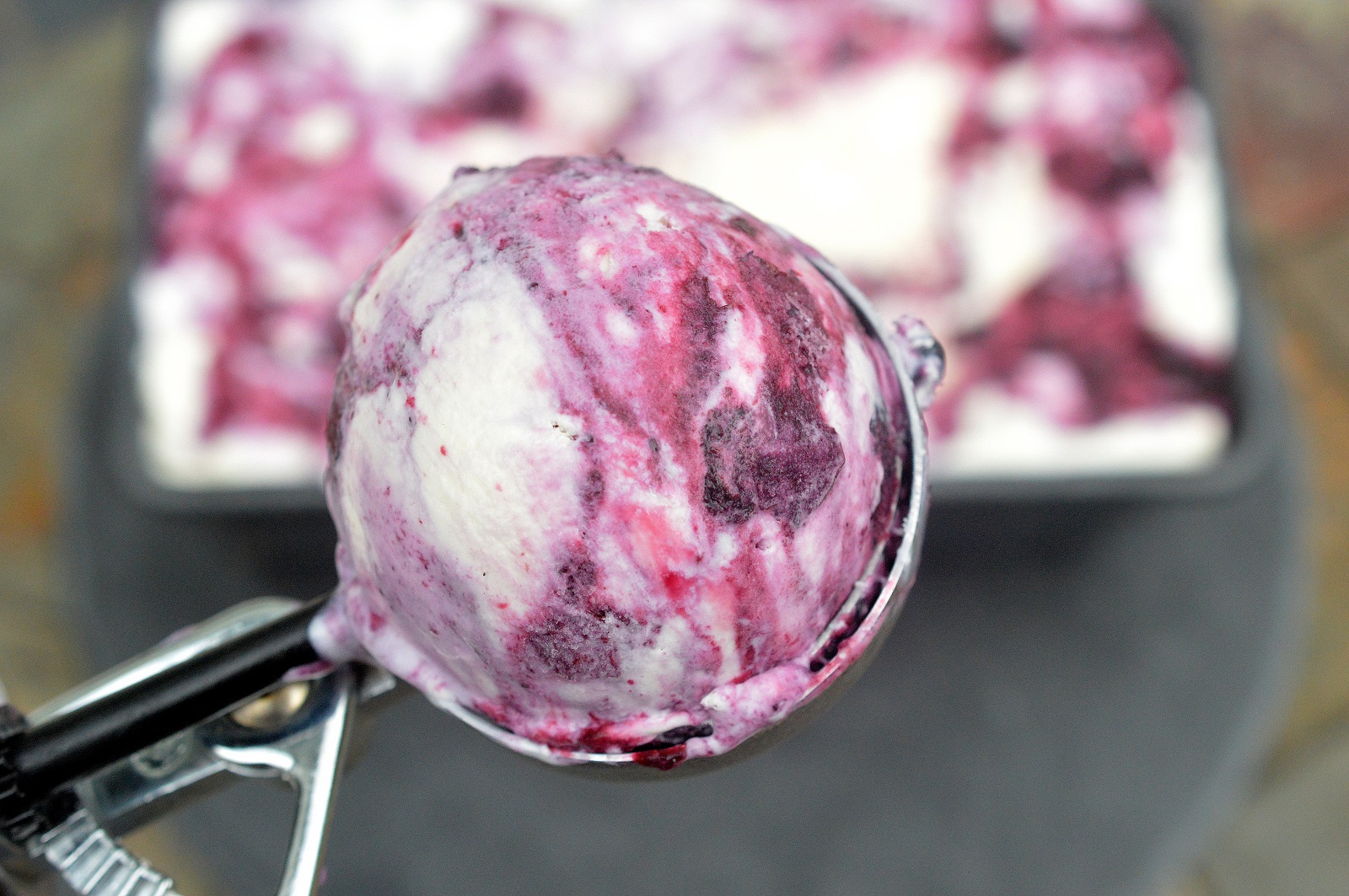 Easy No Churn Blueberry Cheesecake Ice Cream recipe
Blueberry Ice cream in ice cream scooper