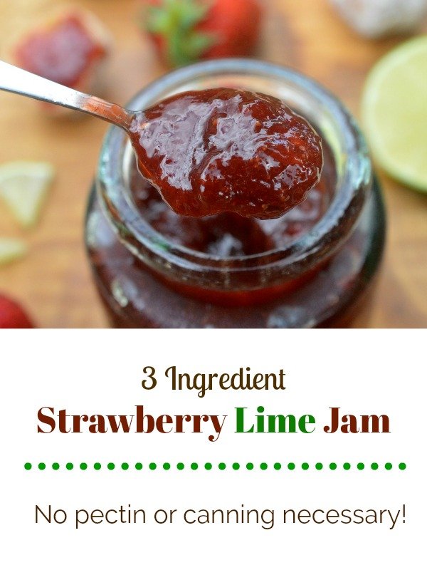 Easy Strawberry Jam recipe, no pectin necessary and just 3 ingredients. Delicious! Pictured in a jar with spoon.