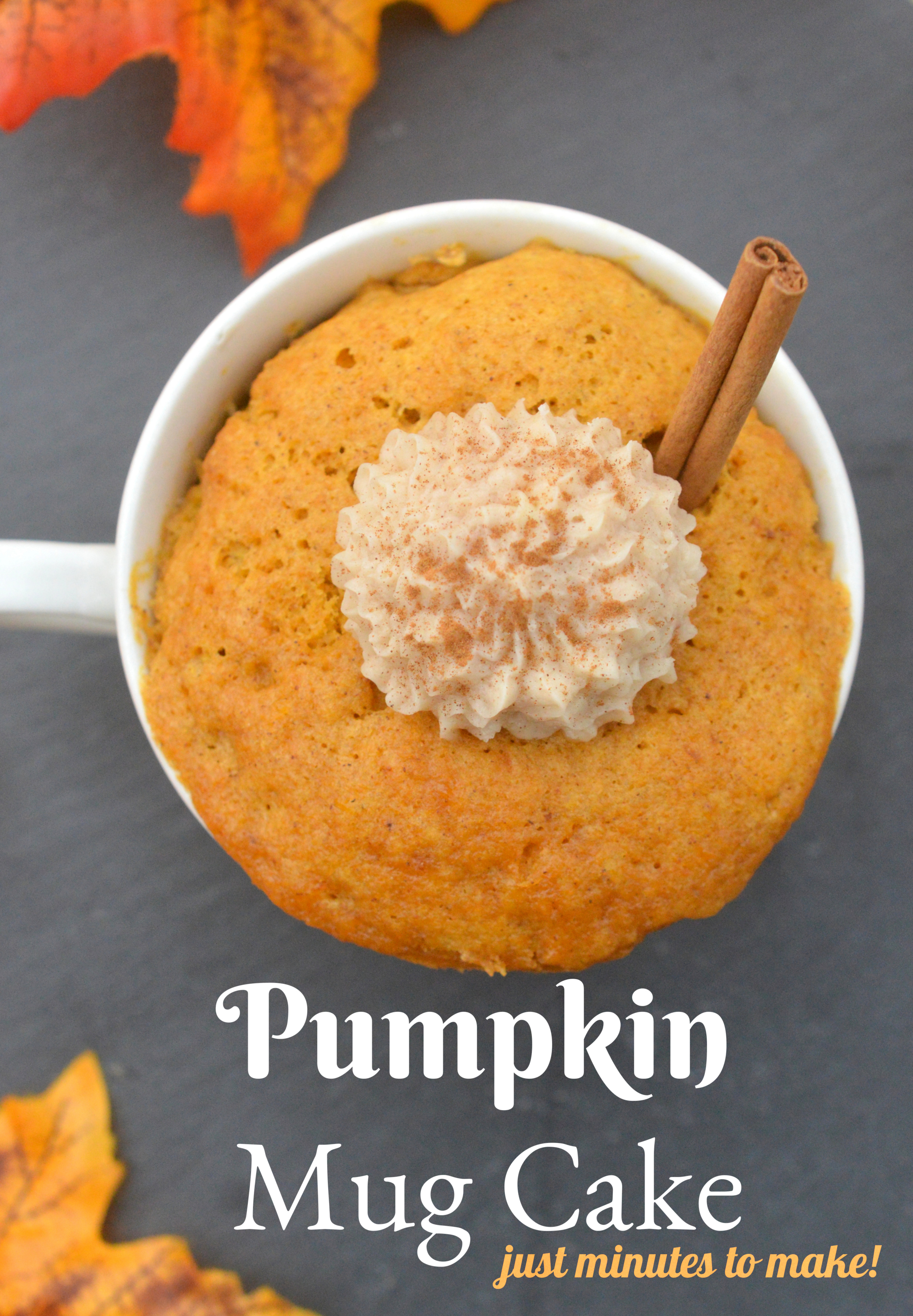 Easy Pumpkin Mug Cake with cinnamon frosting in a tea cup