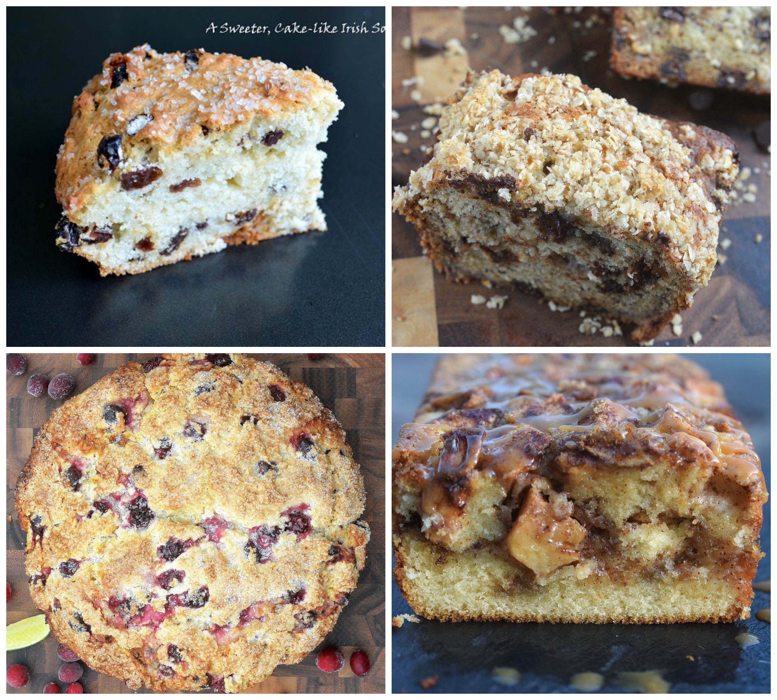 4 Delicious Quick Bread Recipes. Irish Soda Bread, Banana Streusel Bread, Cranberry Lime Soda Bread Apple Caramel Bread