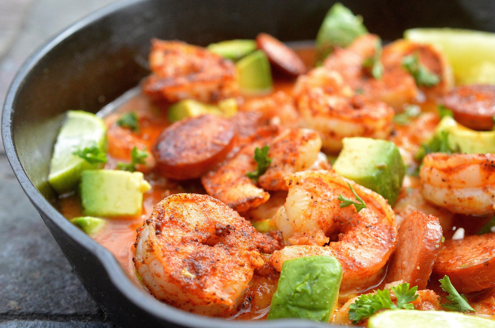 Cajun Shrimp and Andouille Sausage in a skillet