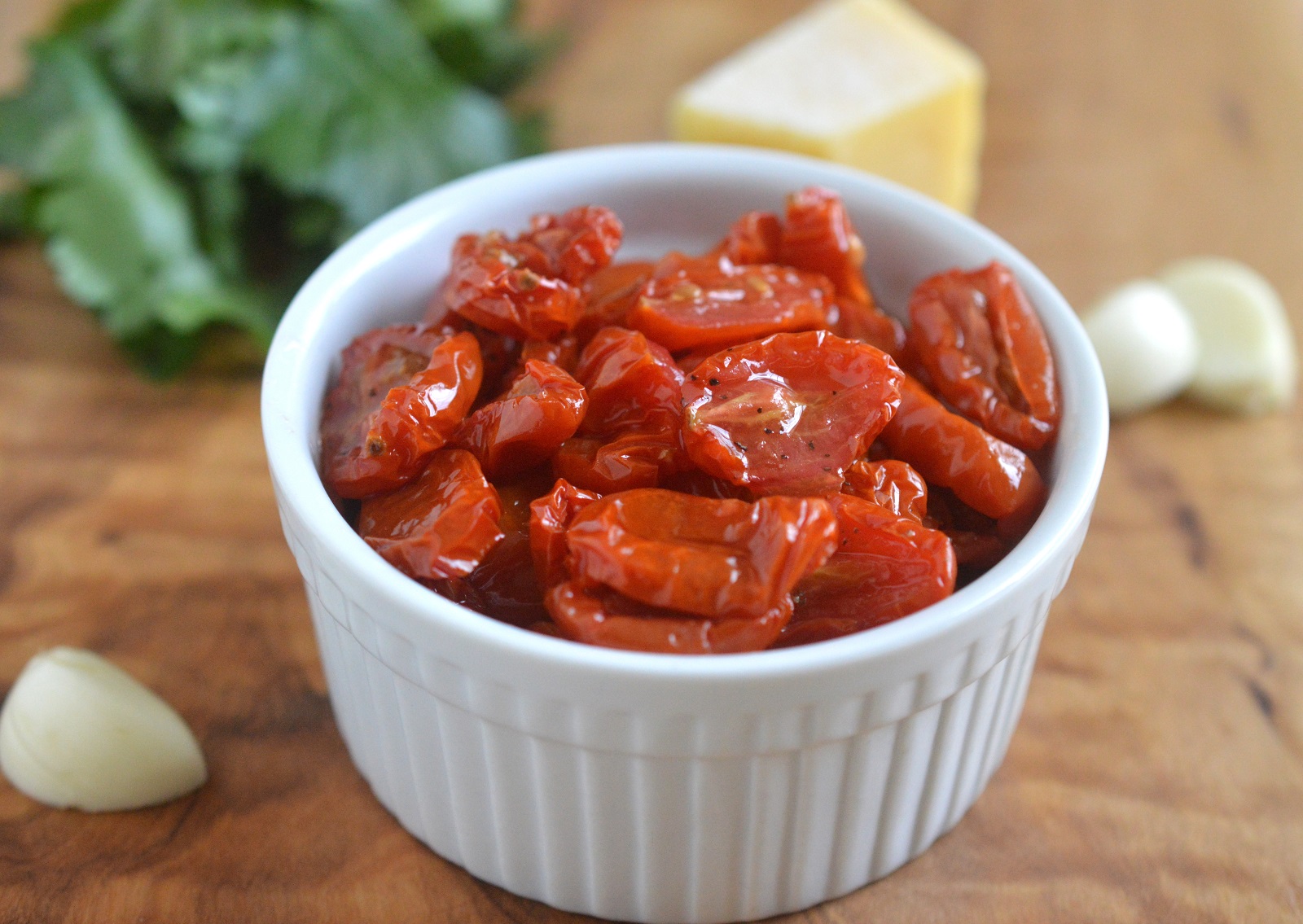 Homemade Sun-Dried Tomatoes in a white ramekin