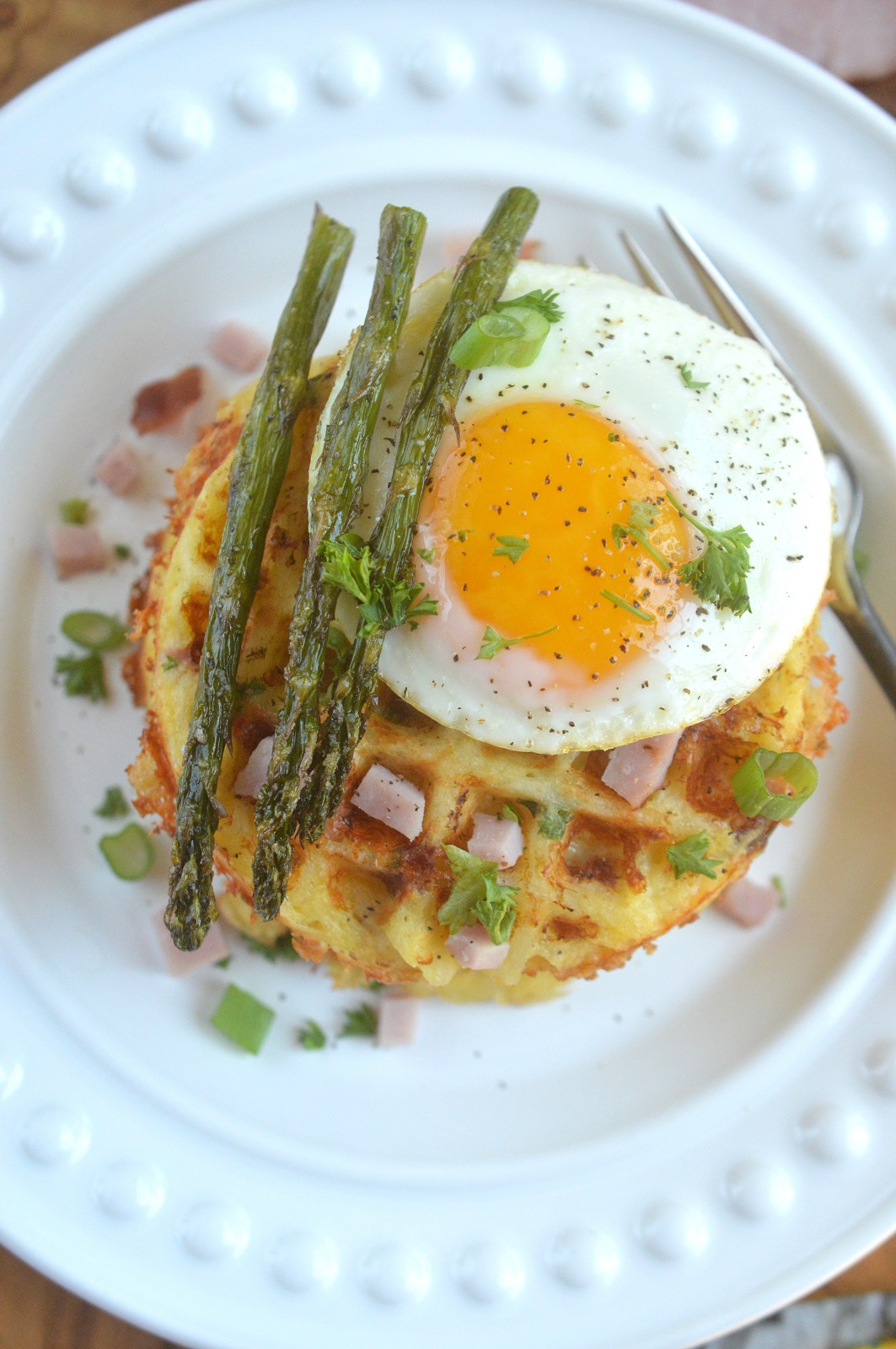 Ham & Cheese Hash Brown Waffles (perfect for brunch dressed up with an egg and roasted asparagus)