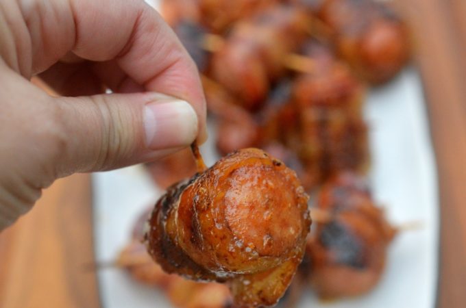 Glazed Bacon Wrapped Sausage Bites a perfect tailgating recipe!