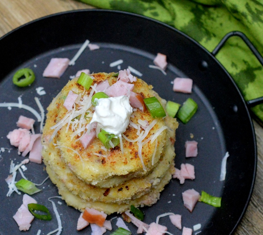 Cheesy Ham and Potato Cakes made from leftover ham and leftover mashed potatoes