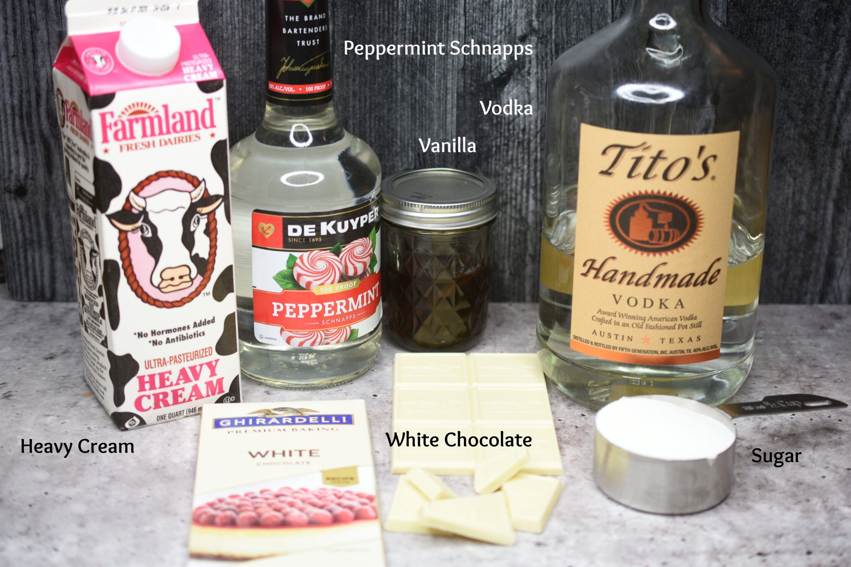 ingredients for Peppermint Martini. Holiday martini recipe.