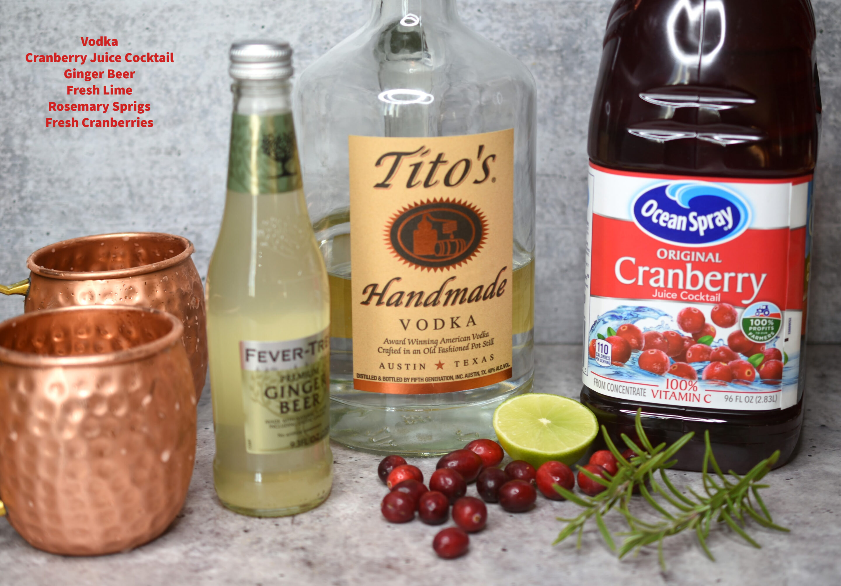 Ingredients to make Christmas Moscow Mule aka Cranberry Moscow Mule recipe