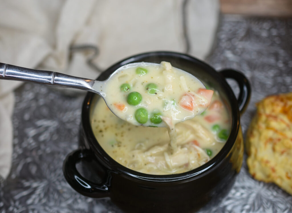 Chicken Pot Pie Soup recipe. Top with a biscuit and its the best cold weather soup!