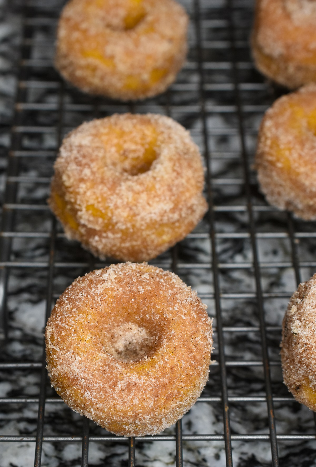 Pumpkin Spice Donuts with cinnamon sugar coating. Just 20 minutes to make these delicious bake donuts. Shown on a wire cooling rack.