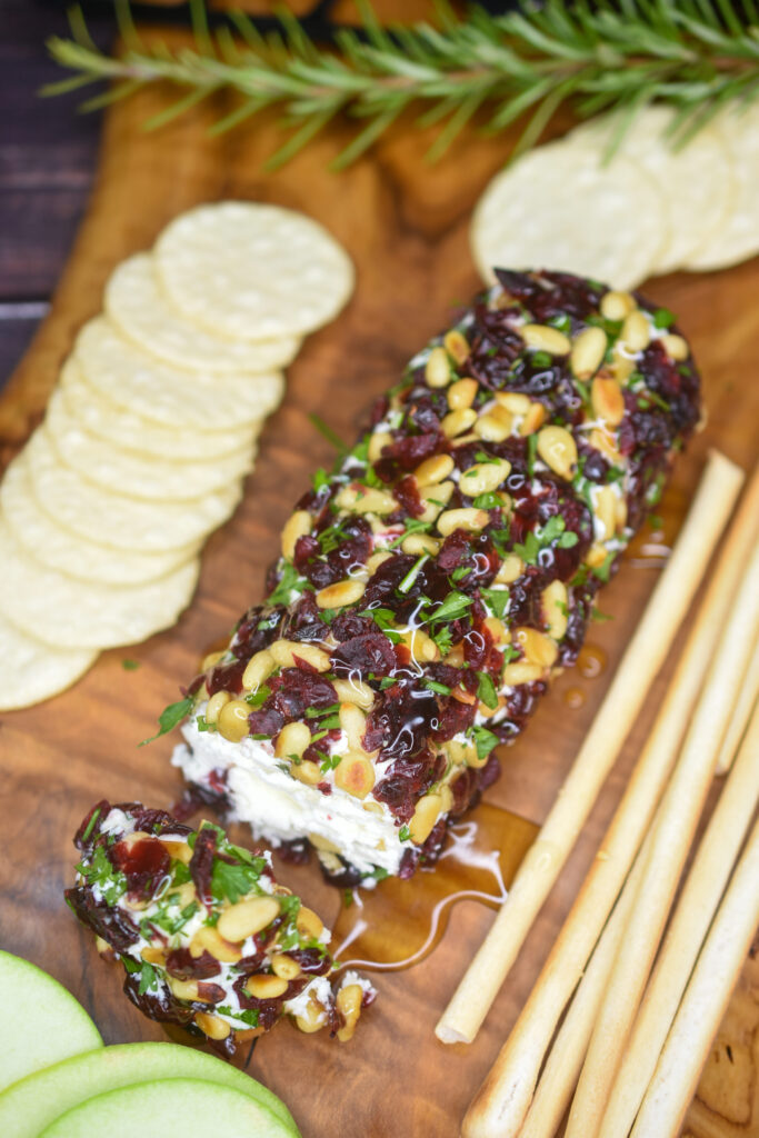 Holiday Goat Cheese Appetizer with dried cranberries, pine nuts and herbs