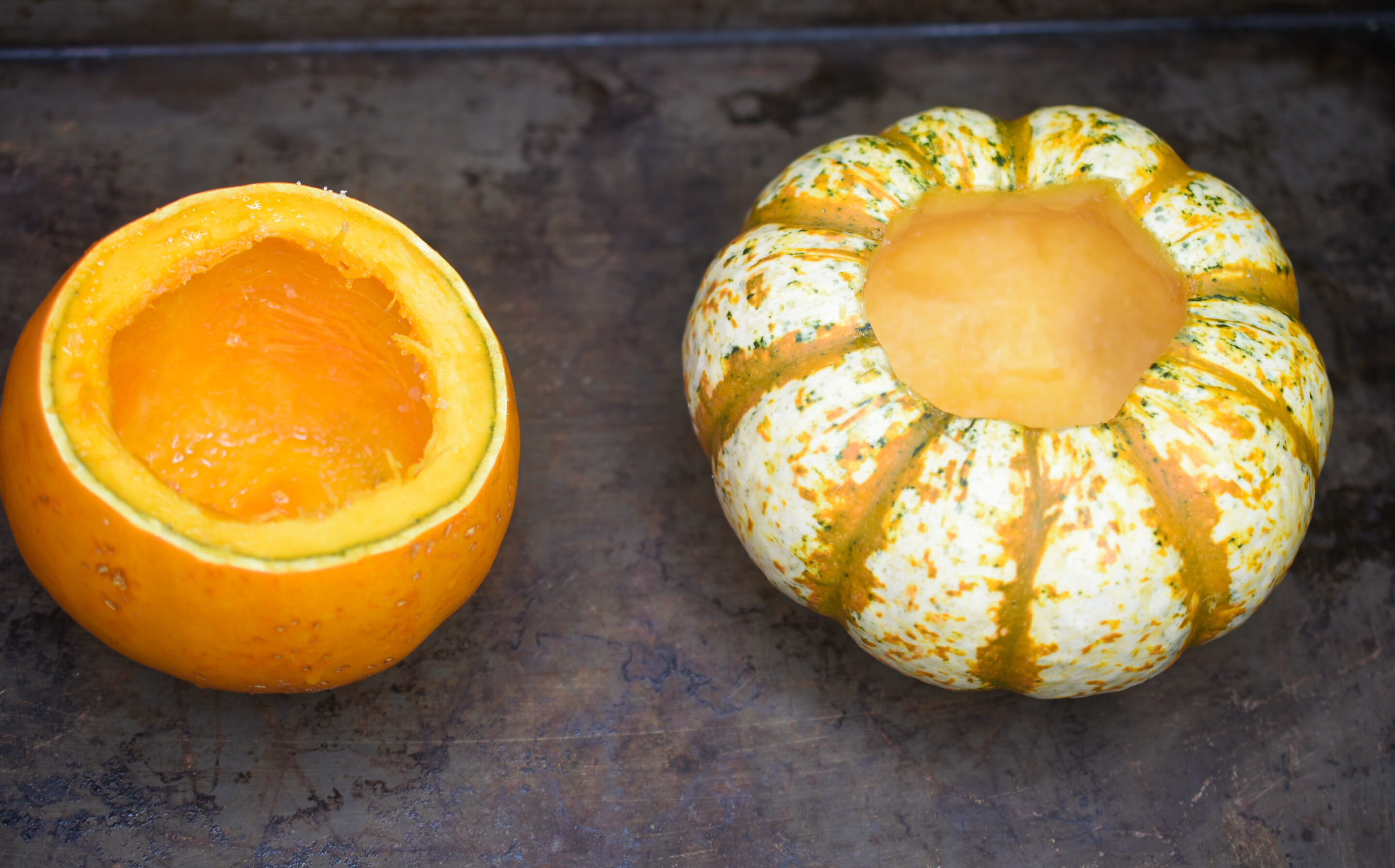 Hallowed out mini pumpkins for making pilgrims pumpkin pie custard filled pumpkin