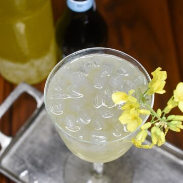 Limoncello Spritz recipe shown in vintage glass garnished with yellow flowers.