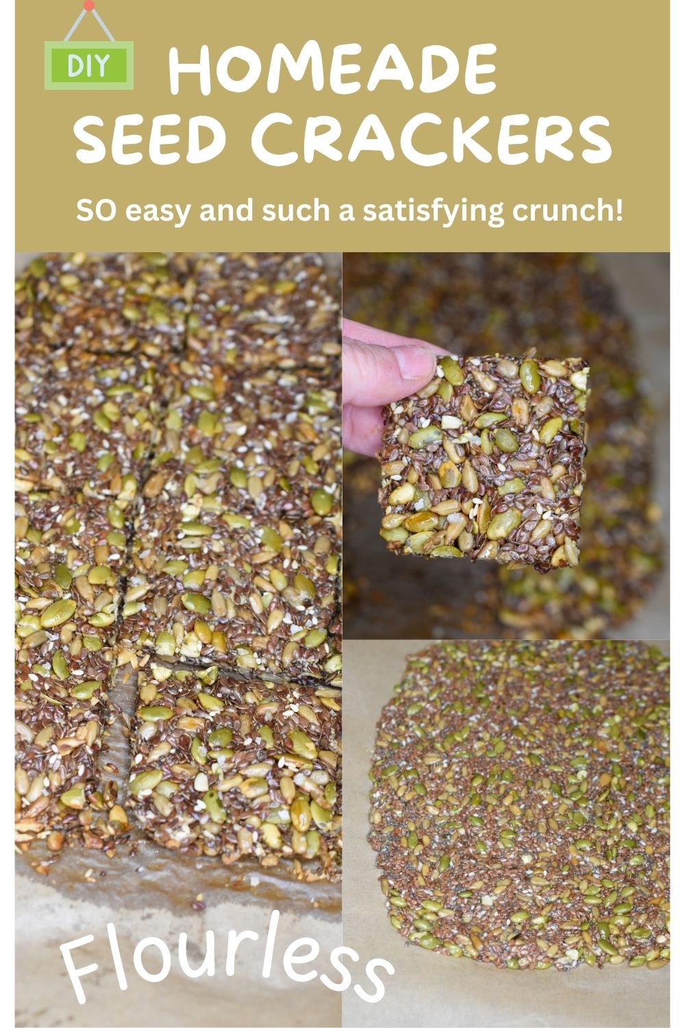 Flourless Crackers. Seed Cracker recipe. Shown on baking sheet hot from the oven and cut into squared.