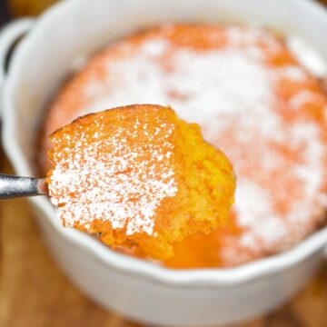 Carrot Souffle shown scooped on spoon. Carrot Souffle Recipe from Picadilly Cafeteria