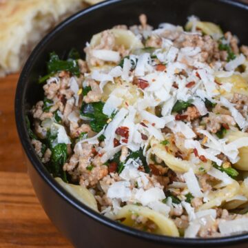 Orecchiette Pasta recipe. Pasta with ground veal and spinach. A lavorful pasta dish that is pure comfort food!