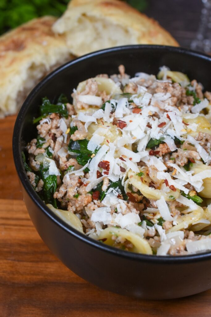 Orecchiette Pasta recipe. Pasta with ground veal and spinach. A lavorful pasta dish that is pure comfort food!