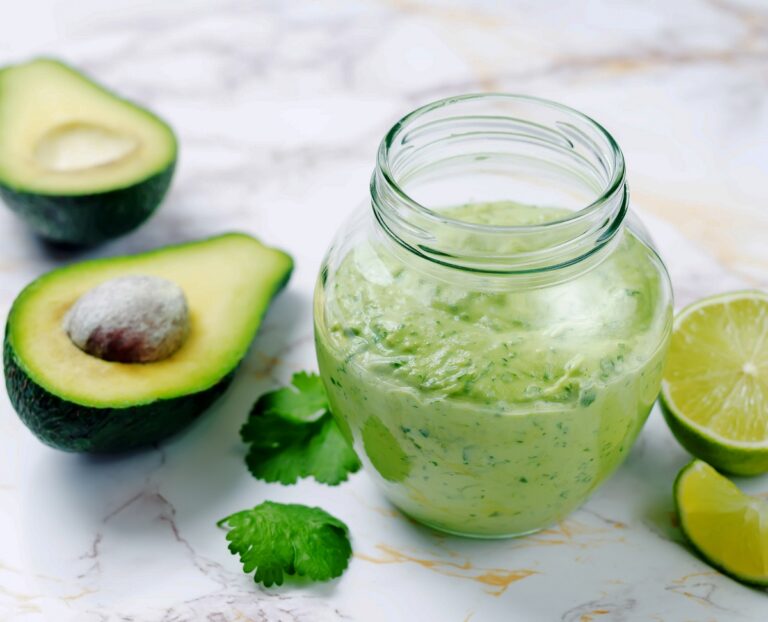 Avocado Crema shown in a jar alongside fresh avocado halves and a sliced lime