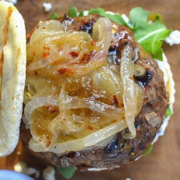 Lamb Burgers Feta Stuffed Lamb Burgers Grilled and topped with Onion Jam
