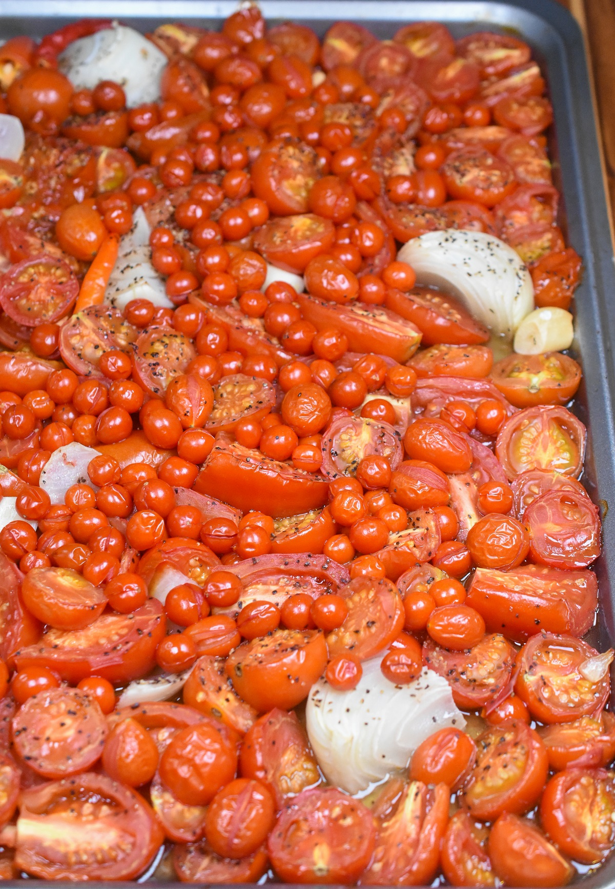 Roasted Tomato Sauce recipe  in 30 minutes. Show completed roasted baking peppers full of roasted tomatoes, onions, garlic & peppers