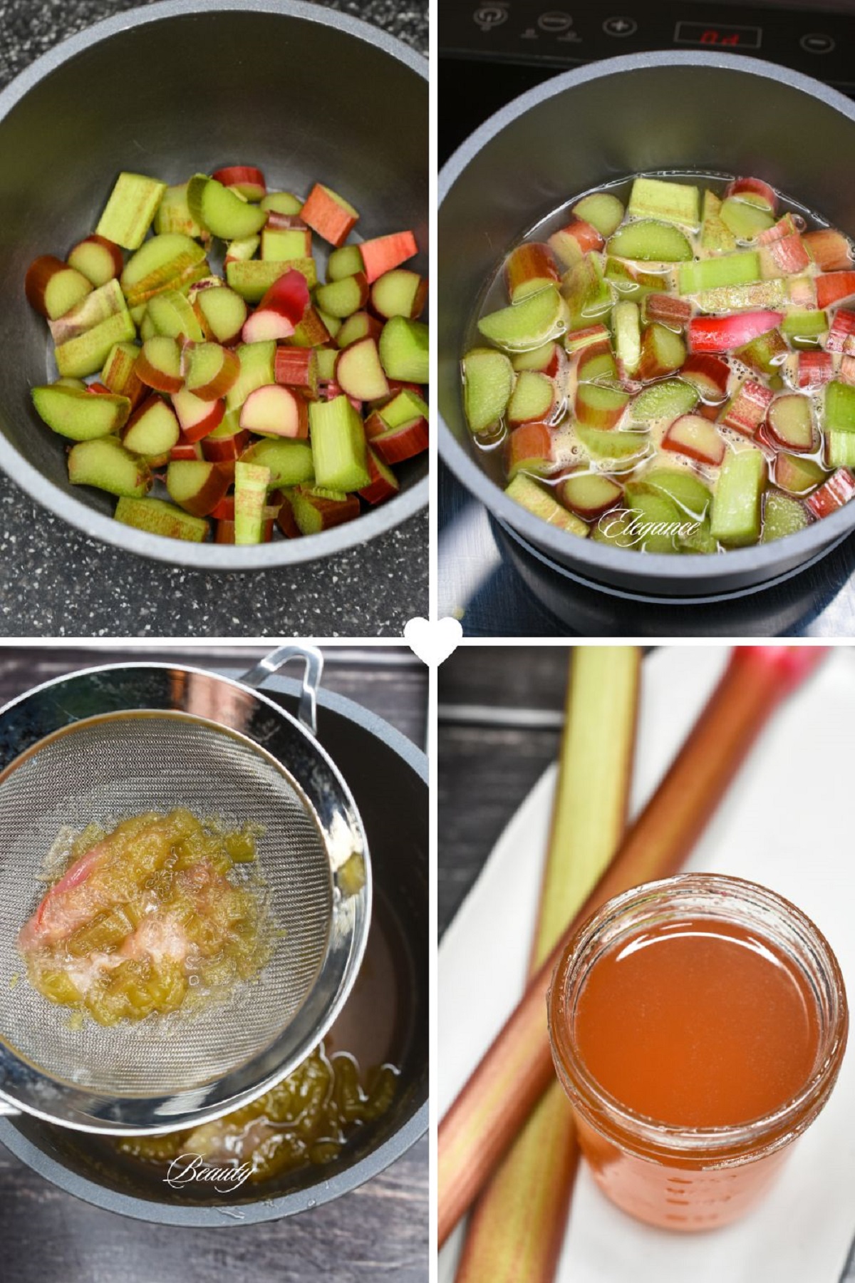 How to make Rhubarb Simple Syrup. Shown photo 1 a pot full of chopped fresh rhubarb. photo 2 pot full of chopped rhubarb and water. Photo 3 strainer set over pot with remnants of cooked rhubarb in it. Photo 4 Finished Rhubarb Simple Syrup in mason jar,