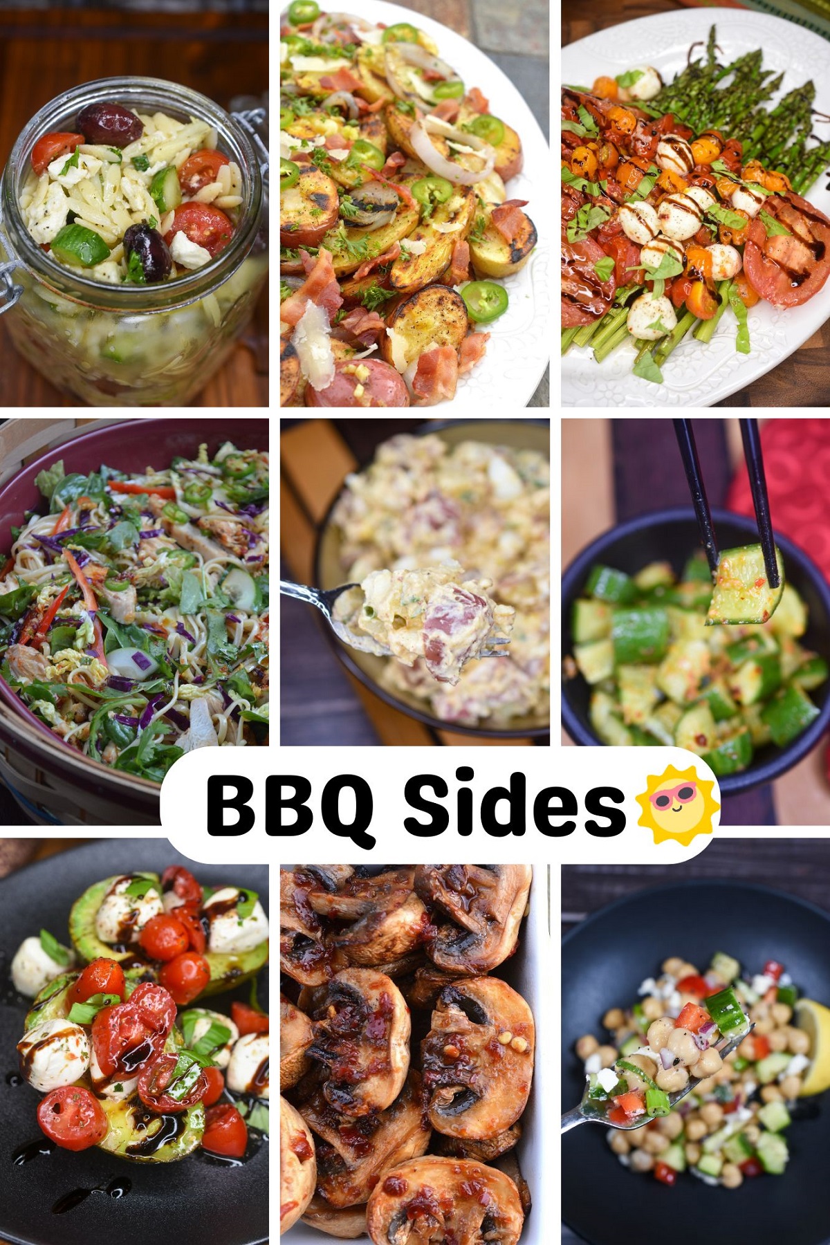 Collage of popular BBQ Side Dishes, including bacon potato salad, asparagus caprese, Greek orzo salad and many more.