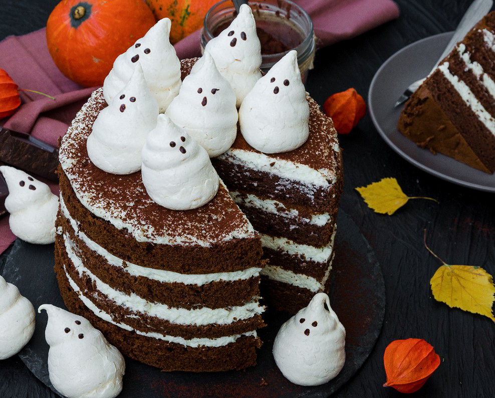 chocolate Halloween Cake with meringue ghosts on top