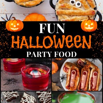 Fun halloween party food ideas pictured mini mummy pot pies, bloody finger hot dogs, green shot with fake blod, red jello with gummy worms and mummy brownies