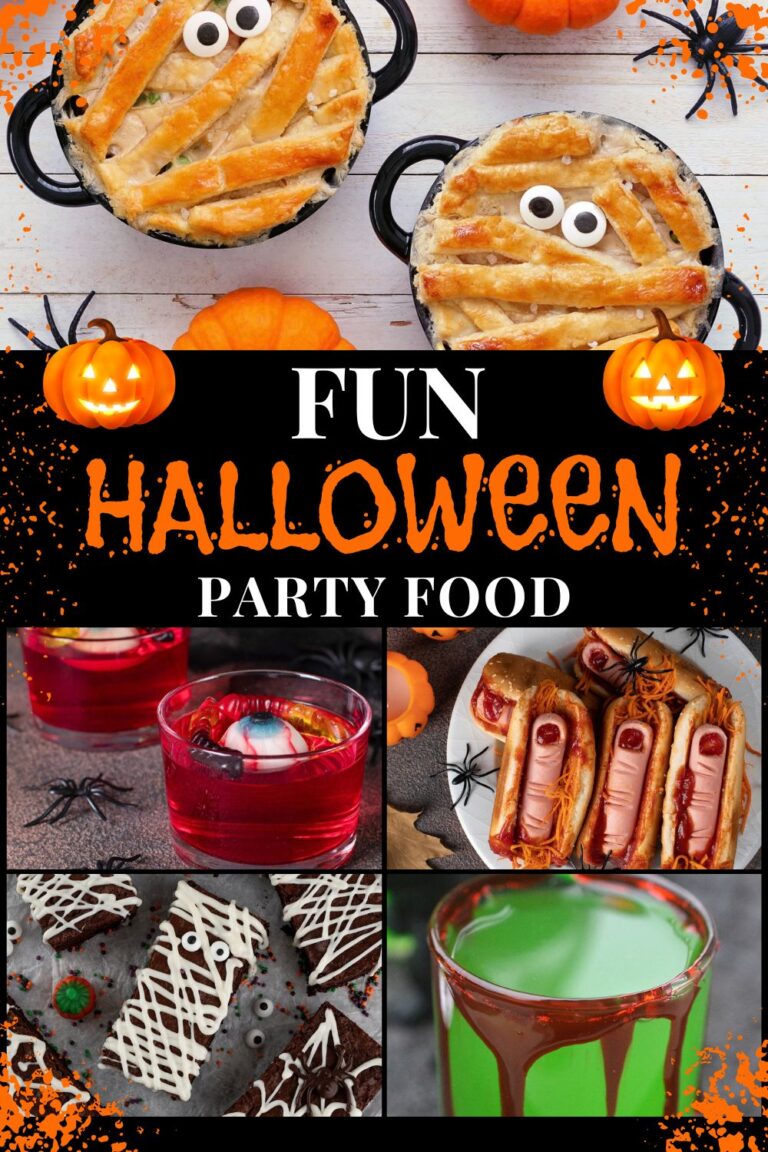 Fun halloween party food ideas pictured mini mummy pot pies, bloody finger hot dogs, green shot with fake blod, red jello with gummy worms and mummy brownies